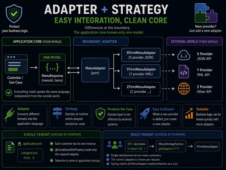 Infographic: the Adapter pattern converts different external languages into one common model, the Strategy pattern decides which adapter runs — Controller to Use case to the MenuAdapter port, then on to XFirmMenuAdapter (X API, JSON) and YFirmMenuAdapter (Y API, XML)