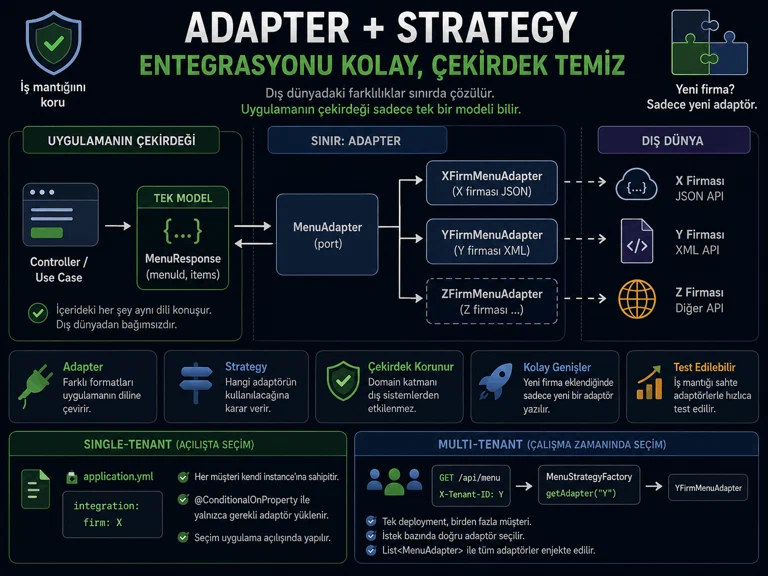 İnfografik: Adapter deseni farklı dış dilleri ortak modele çevirir, Strategy deseni hangi adaptörün çalışacağını seçer — Controller'dan Use case'e, oradan MenuAdapter portuna, sonra XFirmMenuAdapter (X API, JSON) ve YFirmMenuAdapter (Y API, XML)