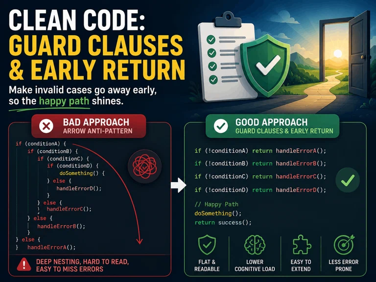Infographic: on the left the arrow anti-pattern built from nested if-else blocks, on the right the same rules written as a list of early returns followed by the happy path