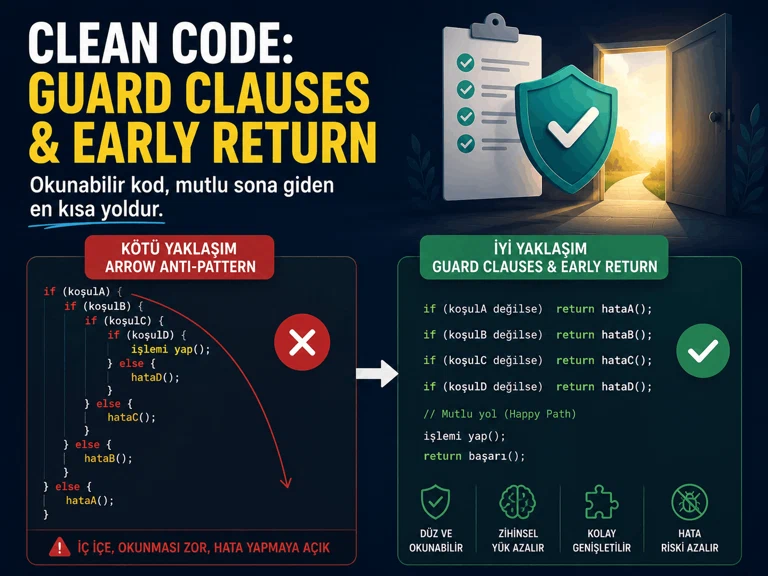 İnfografik: solda iç içe geçmiş if-else bloklarından oluşan Arrow Anti-Pattern, sağda aynı kuralların art arda erken return'lerle yazılmış hali ve en sonda mutlu yol