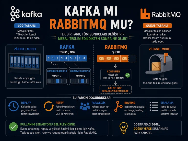 İnfografik: solda Kafka log tabanlı model — mesajlar kalır, tüketiciler kendi offset'ini takip eder, gazete arşivi benzetmesi; sağda RabbitMQ queue tabanlı model — mesajlar teslim edilince kuyruktan çıkar, postane benzetmesi; ortada bir topic log'u iki consumer group ile ve bir kuyruk ack akışıyla; altta replay, retry, paralellik, routing ve sıralama başlıklarında karşılaştırma